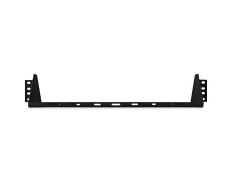 Angled view of the black 2U rack shelf with mounting holes