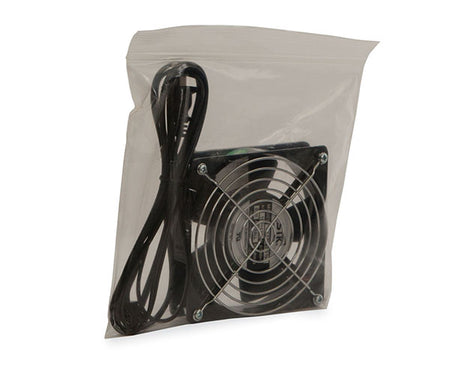 Rack fan assembly kit components sealed in a transparent plastic bag