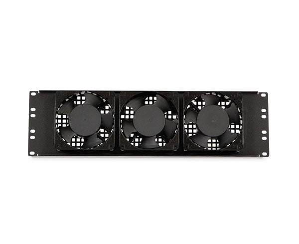 A rack-mountable 3U fan panel with three cooling fans