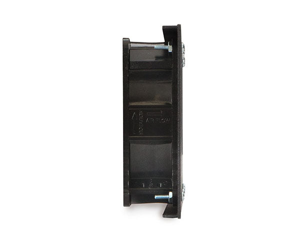 Side view of a black 3U panel with triple fans