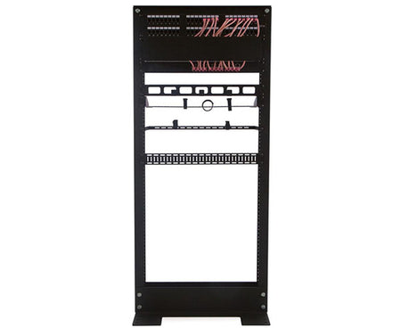 Angled view of the 24U 2-Post Relay Rack with metal crossbars for stability