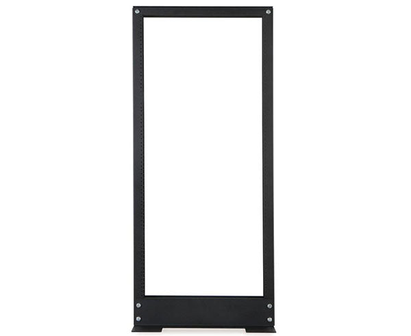 24U 2-Post Relay Rack with black metal construction against a white background
