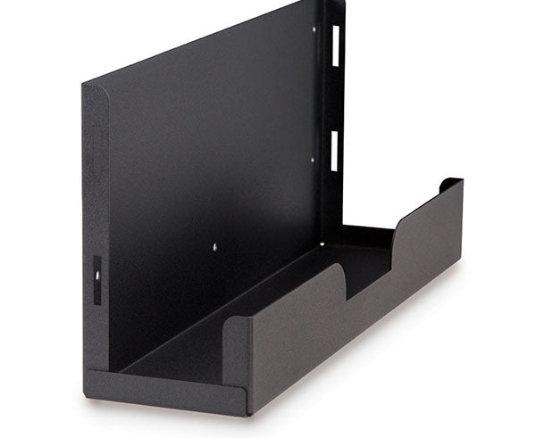 Detail of black metal wall mount bracket with mounting holes