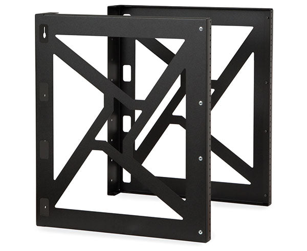 Close-up of a black 12U wall mount rack's mounting holes
