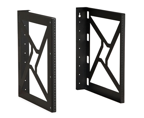Pair of black mounting brackets for 12U wall rack system