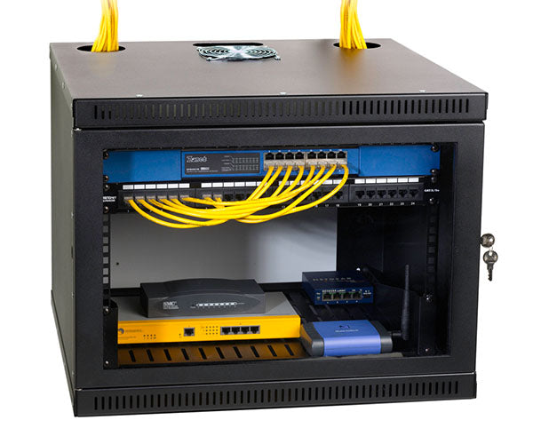 Interior view of the 8U Security Wall Mount Cabinet with color-coded cable management
