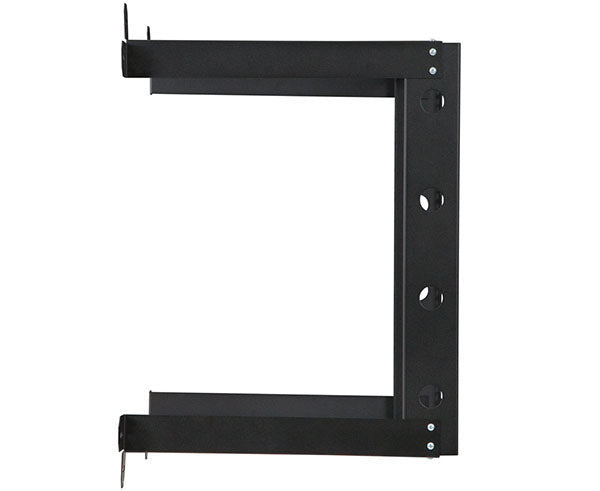 Detail of the 12U V-Line Wall Mount Rack's black metal frame with pre-drilled holes