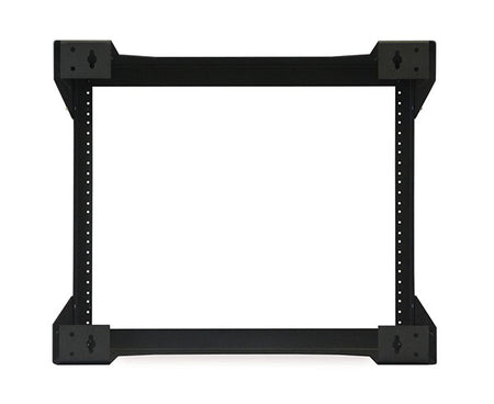 Black 8U rack designed for easy wall mounting with pre-drilled holes