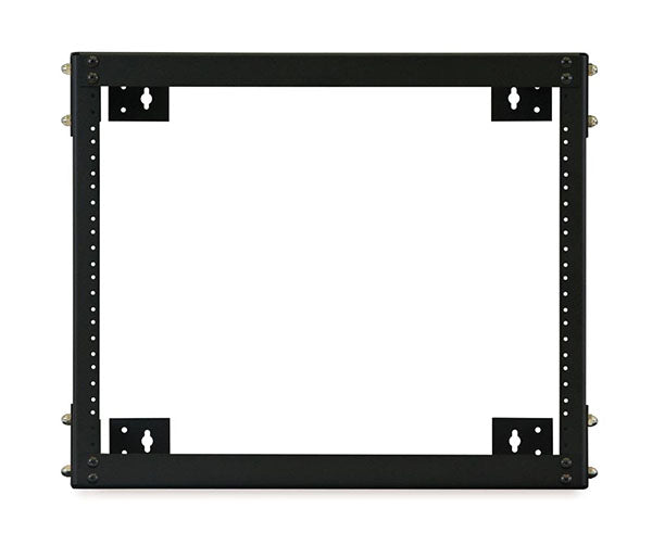 Frontal view of black 8U open frame wall rack with four mounting holes