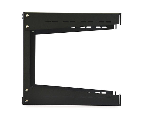 Top view of 8U black metal open frame wall rack with mounting options