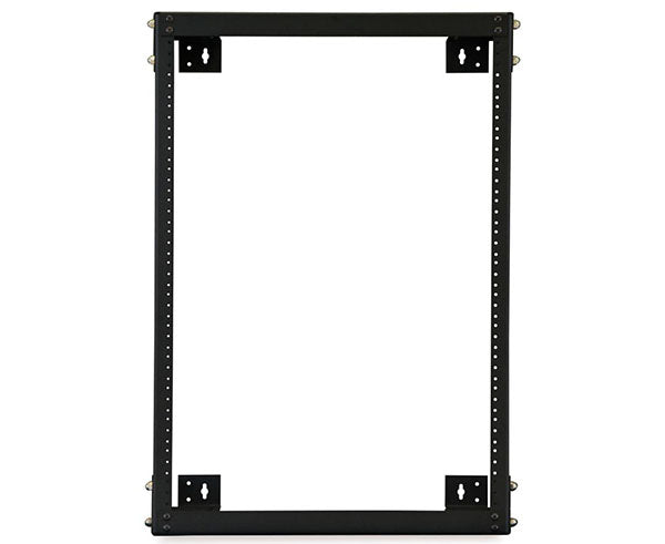 Wall-mounted 15U open frame rack in black with mounting holes visible