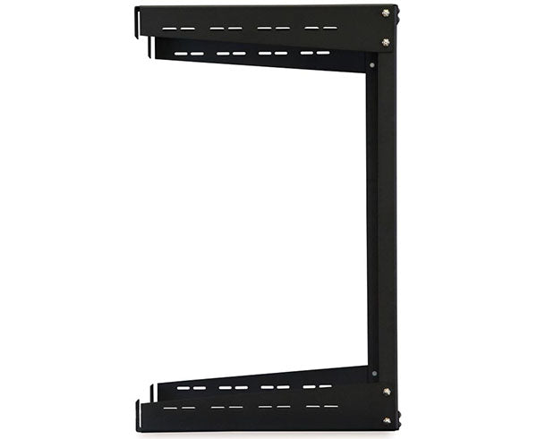 15U open frame wall rack mounted on a white wall with clear visibility of depth