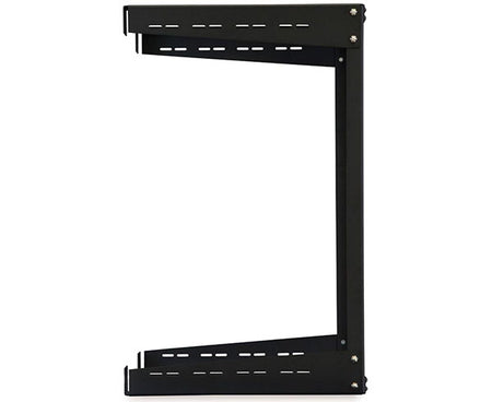 15U open frame wall rack mounted on a white wall with clear visibility of depth