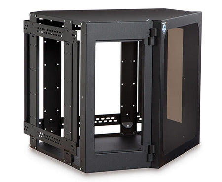 Glass-fronted black metal 12U corner wall mount cabinet