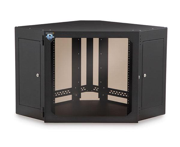 Black 12U network cabinet designed for corner wall mounting with doors
