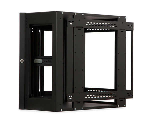 Black 12U corner cabinet designed for wall mounting with secure doors