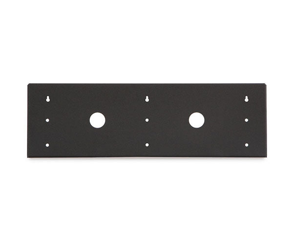 Close-up of a black 4U Cage Nut V-Rack mounting plate with holes