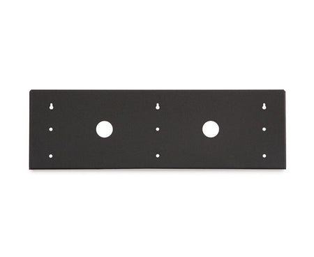 Close-up of a black 4U Cage Nut V-Rack mounting plate with holes