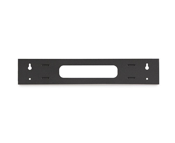 Close-up of a 2U 10-32 tapped black bracket for mounting patch panels