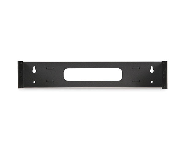 Front view of a 2U 10-32 tapped black metal bracket for patch panel installation