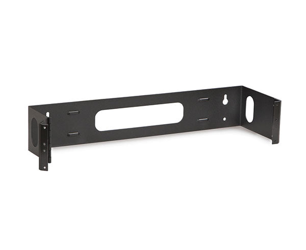 Black 2U bracket designed for mounting networking hardware with pre-tapped holes