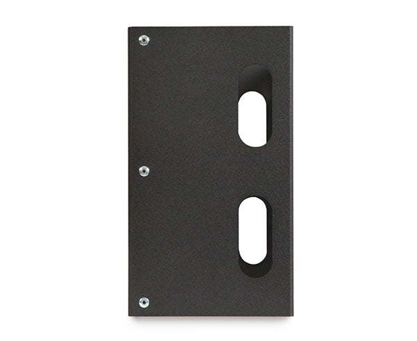 A 6U 10-32 tapped patch panel bracket in black metal with cable holes