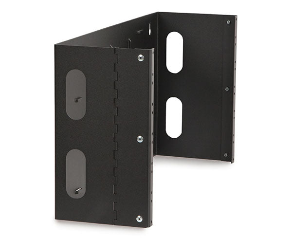 Side view of a black 6U 10-32 tapped patch panel bracket with closed hinge