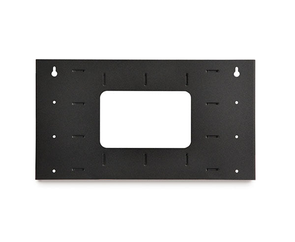 Close-up of a black 6U patch panel bracket with precise hole patterns for mounting