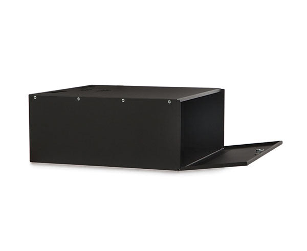 Side view of the black security lock box with durable metal construction and open door