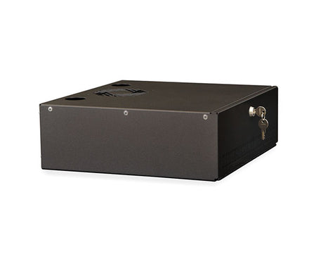 Black metal security box with an integrated lock and key mechanism