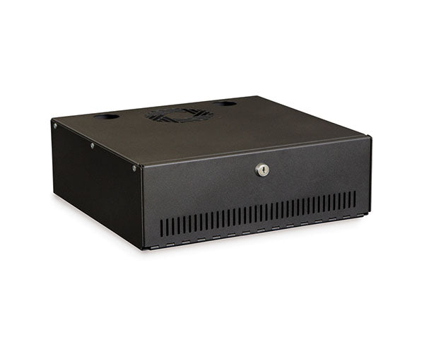 Black security lock box with a built-in cooling fan cutouts on top