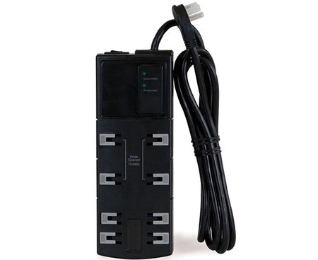 Close-up view of the black 8-outlet power strip suitable for wall-mounted rack installations