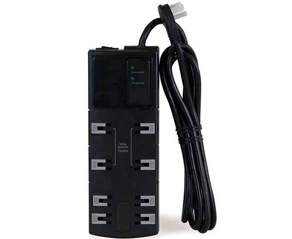 Close-up view of the black 8-outlet power strip suitable for wall-mounted rack installations