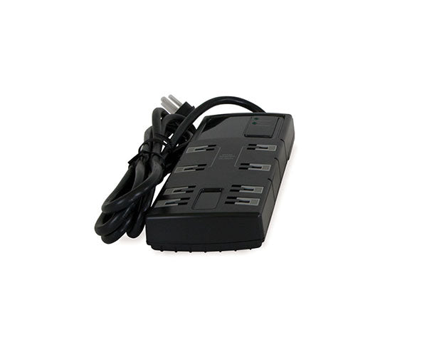 An 8-outlet power strip designed for wall mount racks, shown in black with its power cord
