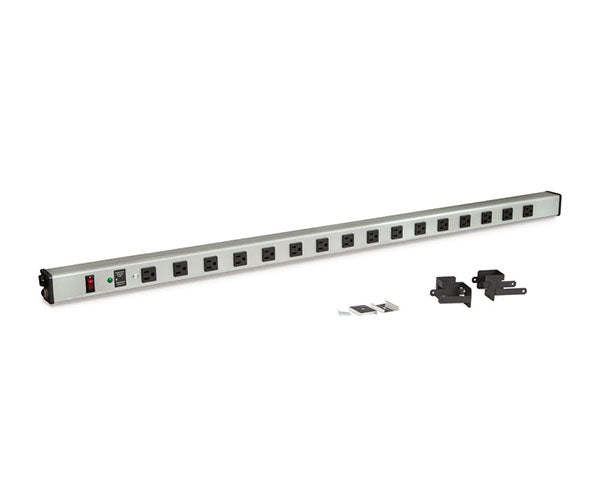 Rack-mounted 48" power strip with several electrical outlets for workstations