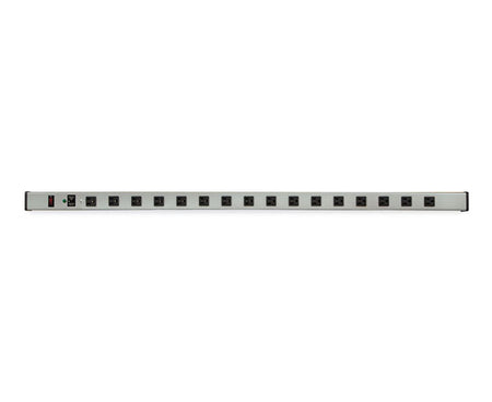 Detail of a 48-inch wall-mounted power strip with multiple sockets for technical furniture