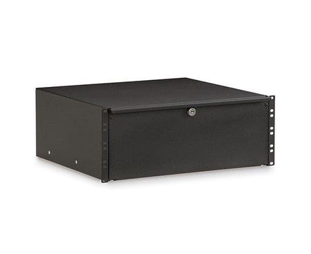 Front view of the 4U black metal drawer with handle and lock