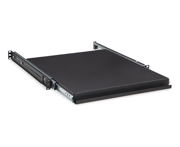 A 1U rack-mountable sliding shelf with a black finish and extendable tray