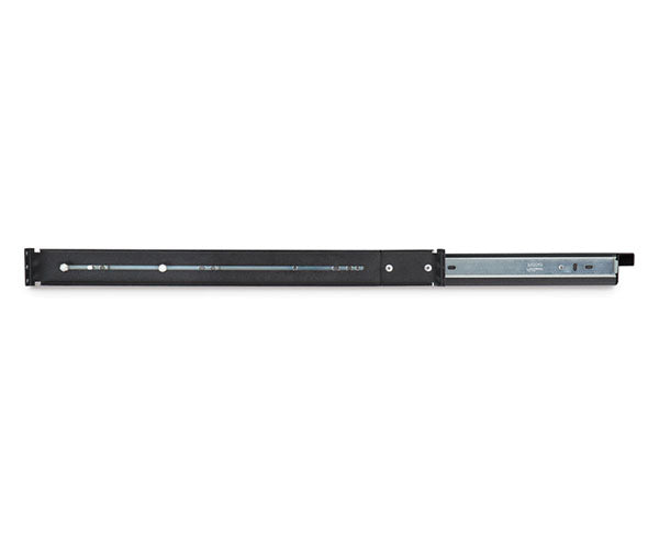 Side profile of the 1U 20" black rack mountable sliding shelf