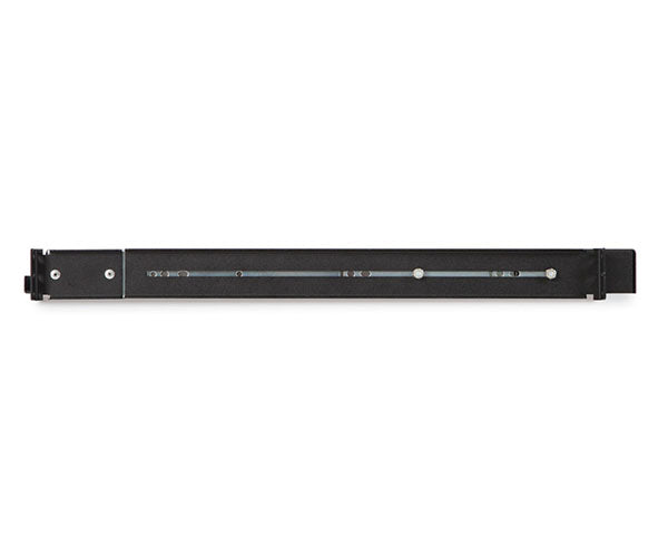 Angled view of the 1U 20" sliding shelf showcasing the sliding bar.