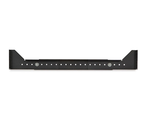 Top view of a black metal network rack shelf with included screws