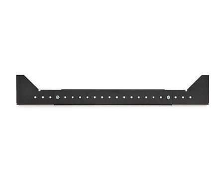 Side view of a black metal network rack shelf with included screws
