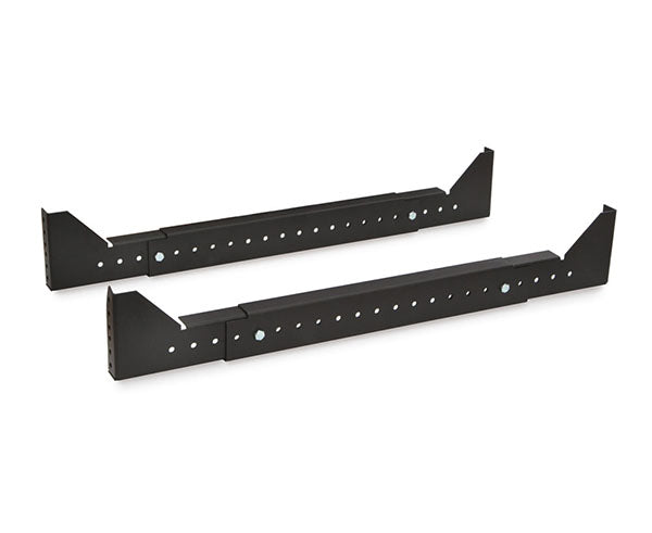 Pair of black metal brackets for network rack setup