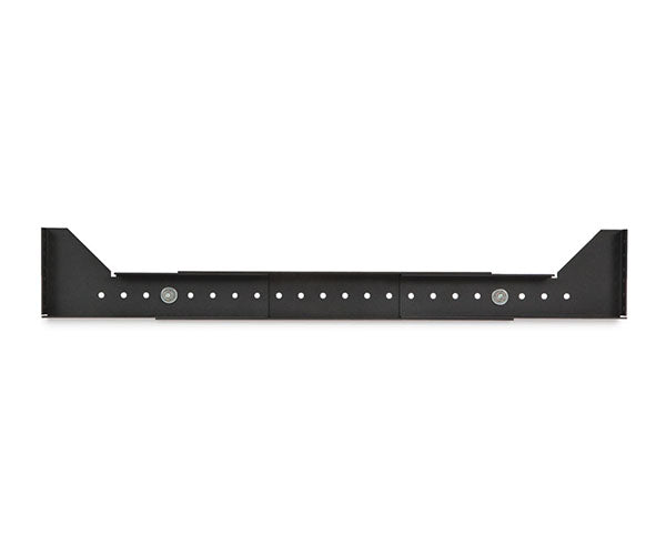 Side view of a black metal network rack shelf with included screws