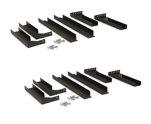 Kit of black metal brackets with mounting screws for network rack