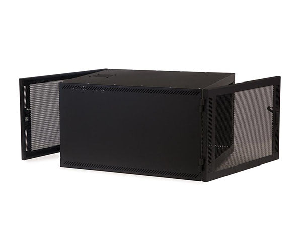Side angle view of the 8U Compact Series SOHO rack with open mesh doors
