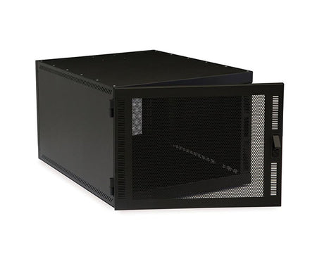 Rear view of the 8U Compact Series SOHO rack with mesh doors and cable management features