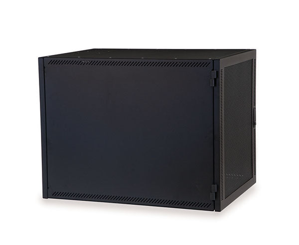 Frontal angle of a 12U Compact Series SOHO black rack with vented metal door