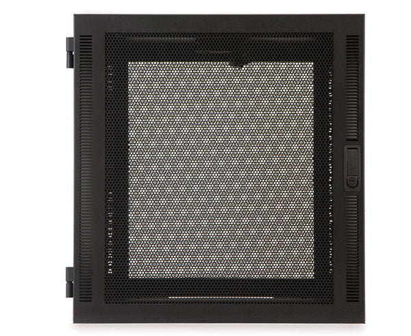 Detail of the mesh front panel on a 12U Compact Series SOHO black metal enclosure