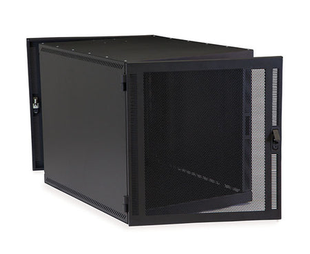 Three-quarter view of a 12U Compact Series SOHO rack with mesh doors open